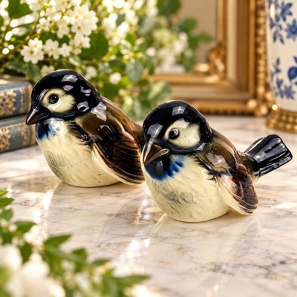 Vintage Goebel W Germany Porcelain Bird Figurines Pair Chickadees 2.5”